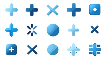 Fototapeta premium Blue cross, plus, and X symbols; interface design elements; white background; website icons