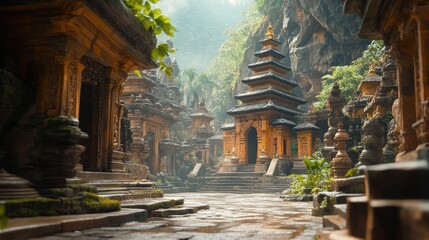 Obraz premium Asian temple path, misty mountains, spiritual journey, travel photography