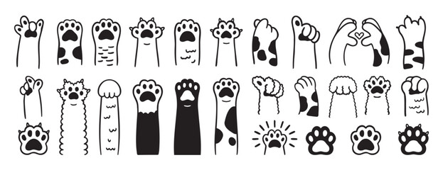 Paw doodle. cute cats paws hand drawn icon set. Outline drawing paws pet line clipart symbol collection