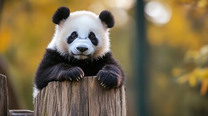  Adorable Panda Resting on an Ancient Tree Stump, A Heartwarming Scene of Nature and Serenity