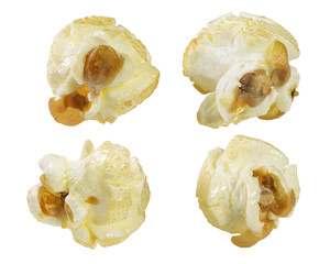 Four pieces of popped corn, each with a distinct shape and texture, isolated on white background.
