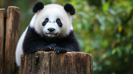Obraz premium Adorable Panda Resting on an Ancient Tree Stump, A Heartwarming Scene of Nature and Serenity