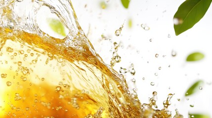 Splashes of Liquid with Fresh Green Leaves on a Bright Background Capturing Dynamic Energy and Motion