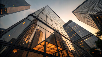 Low-Angle Dusk Shot of Glass Curtain Wall Building with Geometric Depth. Perfect for: Sunset cityscape tours, architectural photography events