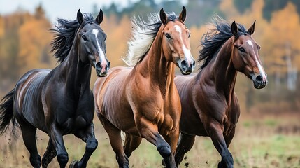Obraz premium Dynamic Trio of Horses in Motion, Capturing the Essence of Freedom and Grace in Unscripted Harmony