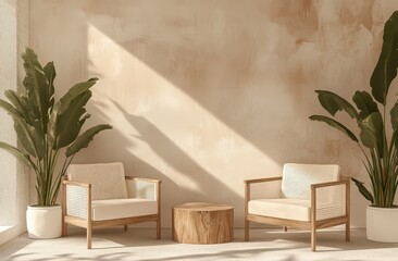 Minimalist, sunlit living room with comfortable seating and tropical plants.  Light beige walls, wooden furniture, and natural light create a tranquil atmosphere