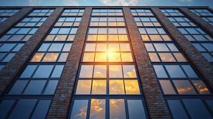 Fototapeta premium modern brick facade building with reflective windows showcasing sunset