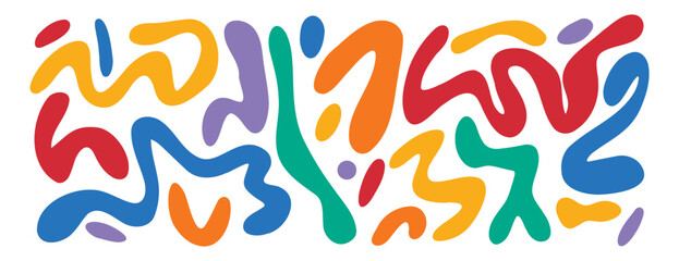 Retro groovy hippie 60s 70s abstract shapes set. Fluid organic shape colorful blobs, wavy doodle stripes inscribed. Bold hand drawn lines, spots. 
