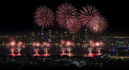 Obraz premium Fireworks bursting over a city skyline at night, capturing the celebration and energy of U.S. Independence Day