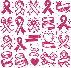 Sketchy Pink Filled Breast Cancer Awareness Ribbon Silhouette Vector On Isolated White Background