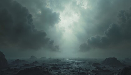Fototapeta premium Dark clouds loom over a turbulent sea revealing a sliver of light in the early morning hours