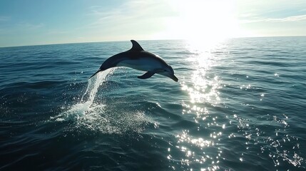 A playful dolphin jumping out of the turquoise ocean