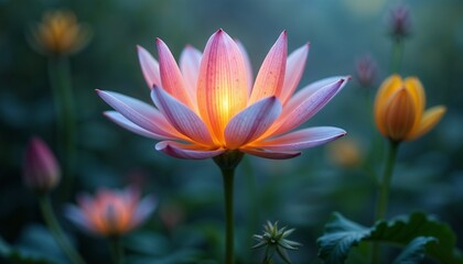 Fototapeta premium Beautiful water lily blooms at dusk with warm glow in a serene garden setting