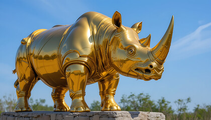 Fototapeta premium a glowing gold rhinoceros statue on hologram trading business background 