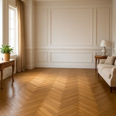 Elegant French-Style Living Room with Parquet Floor Mockup for Rug or Carpet Design
