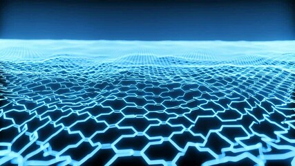 Abstract close-up presents a vibrant blue hexagonal grid undulating across a dark surface evoking digital technology artificial intelligence or a futuristic landscape - Powered by Adobe