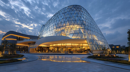 Obraz premium stunning contemporary architecture featuring geometric glass panels illuminated at dusk