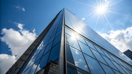 Sharp Low-Angle View of Glass Commercial Tower. Perfect for: World Architecture Day, blue sky skyscraper tours