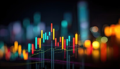 Abstract financial data overlaid on a cityscape at night