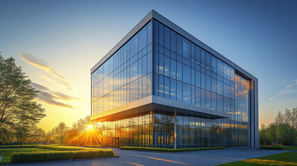 Obraz premium Modern business park architecture with sunset lighting creates serene atmosphere