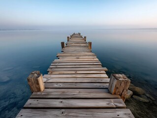 Fototapeta premium Wooden pier stretching towards serene water on a tranquil misty morning