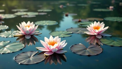 Water lilies forming a floral pattern across still lake water, wallpaper, pond