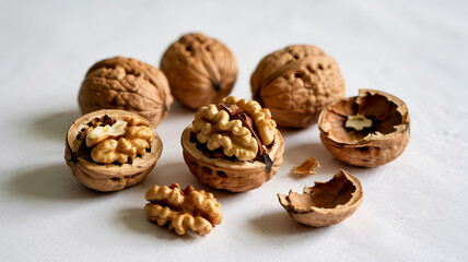 Group of Walnuts Shelled and Unshelled on White Background