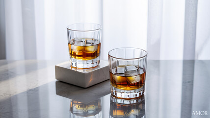 Two Glasses of Whiskey on Ice with Marble Coaster