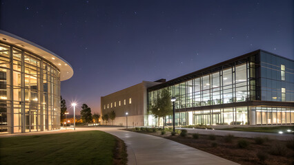 Night View of Tech Campus with Rhythmic Lights. Perfect for: Tech conferences, campus lighting design exhibitions