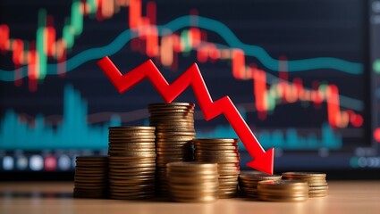 Financial Decline Concept with Coins Downward Arrow and Stock Market Chart for Economic Downturn and Loss 2025