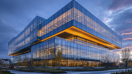 Obraz premium modern glass office building with striking amber glow, showcasing contemporary architecture