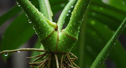 Dewy Close-up Of A Monstera Node And Aerial Root