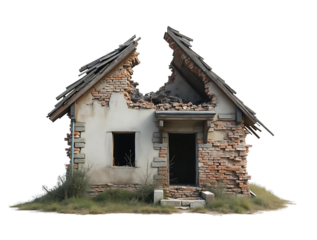 Image of a damaged house split in half, depicting ruin and destruction with exposed brick walls. Concept of divorce, split property, or natural disaster impact on transparent background.