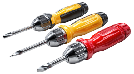 Hand Tools Trio: A close-up shot showcases a set of three robust screwdrivers, each with a distinct colored handle, perfectly aligned and poised, ready for various tasks.