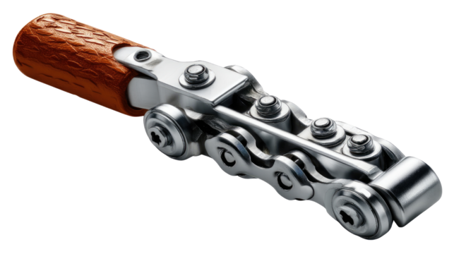 Precision Engineering: A macro shot showcases a meticulously crafted mechanical chain, its interlocking links and wooden handle gleaming with detail, the artistry of industrial design.