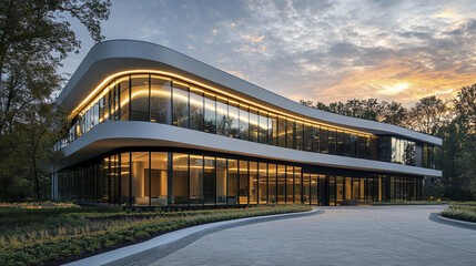 modern office building with sleek design and large glass windows, surrounded by greenery