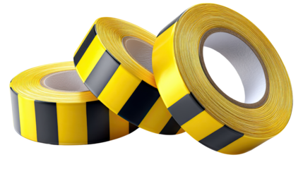 Yellow and Black Warning Tape: Three rolls of bright yellow warning tape with bold black stripes stand ready for use, symbolizing caution, safety, and awareness. 