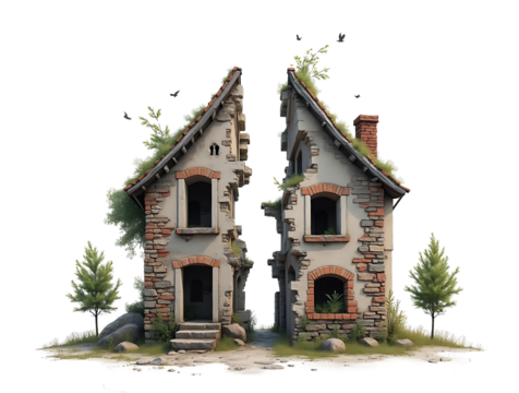 Image of a damaged house split in half, depicting ruin and destruction with exposed brick walls. Concept of divorce, split property, or natural disaster impact on transparent background. - Powered by Adobe