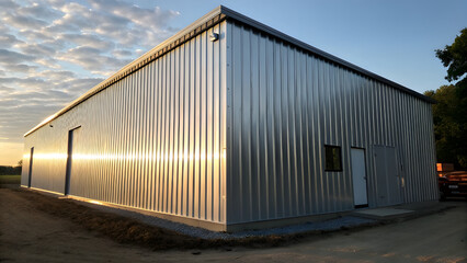 Silver Metal Building Glowing in Afternoon Light. Perfect for: Summer afternoon city tours, metallic architecture fairs