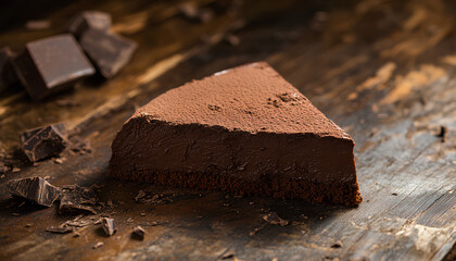 A piece of delicious chocolate sponge cake served on a wooden table, closed
