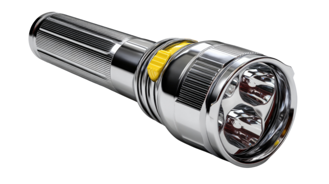 Illuminating Brightness: A metallic flashlight stands poised, its bright LED lights ready to pierce the darkness, providing essential illumination for various needs.