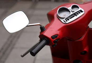 Gordijnen Scooter white template mockup empty space in mirror. Steering wheel and dashboard of moped. Close-up. red vintage retro scooter on parking  transport. part of  moped with rear view mirror reflecting Mock-up  © Maxim Chuev