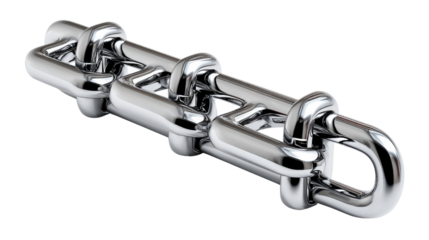 Strong Link: A detailed image showcasing a gleaming, silver chain link, symbolizing strength, connection, and industrial design. The shiny metal glistens, reflecting light.