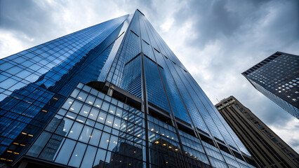 Deep Blue Glass Skyscraper with Strong Lines and Depth. Perfect for: Blue hour skyscraper exhibitions, low-angle city tours