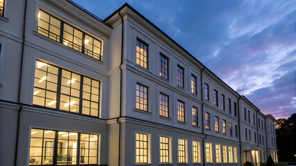 Dusk View of Smart Building with Symmetrical Windows and Lighting. Perfect for: Dusk architectural photography events, window grid exhibitions