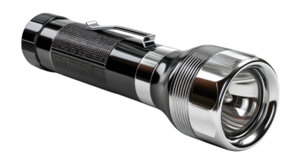 Flashlight Spotlight: A sleek, silver flashlight poised to pierce the darkness, a symbol of illumination and preparedness, radiating a sense of adventure and reliability. 