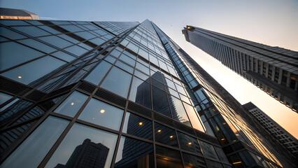 Steel-Framed High-Rise with Morning Light Reflections. Perfect for: Early morning skyline showcases, steel-frame architecture tours