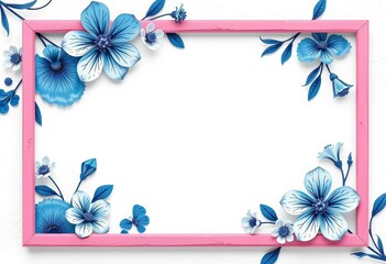 Obraz premium Abstract blue & white floral banner; pink frame, textured white background, summer, beauty