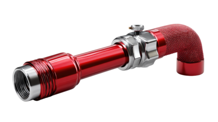 Vivid Red Engineering Part: A striking close-up captures a robust, shiny, metallic engineering component in a bold red hue, set against a stark background, revealing intricate details and textures.
