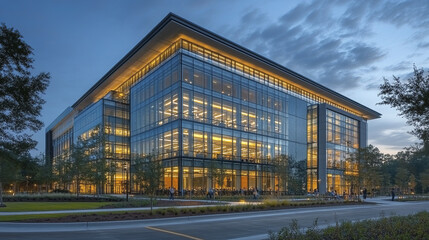 Modern corporate building exterior with illuminated rooms showcasing vibrant atmosphere